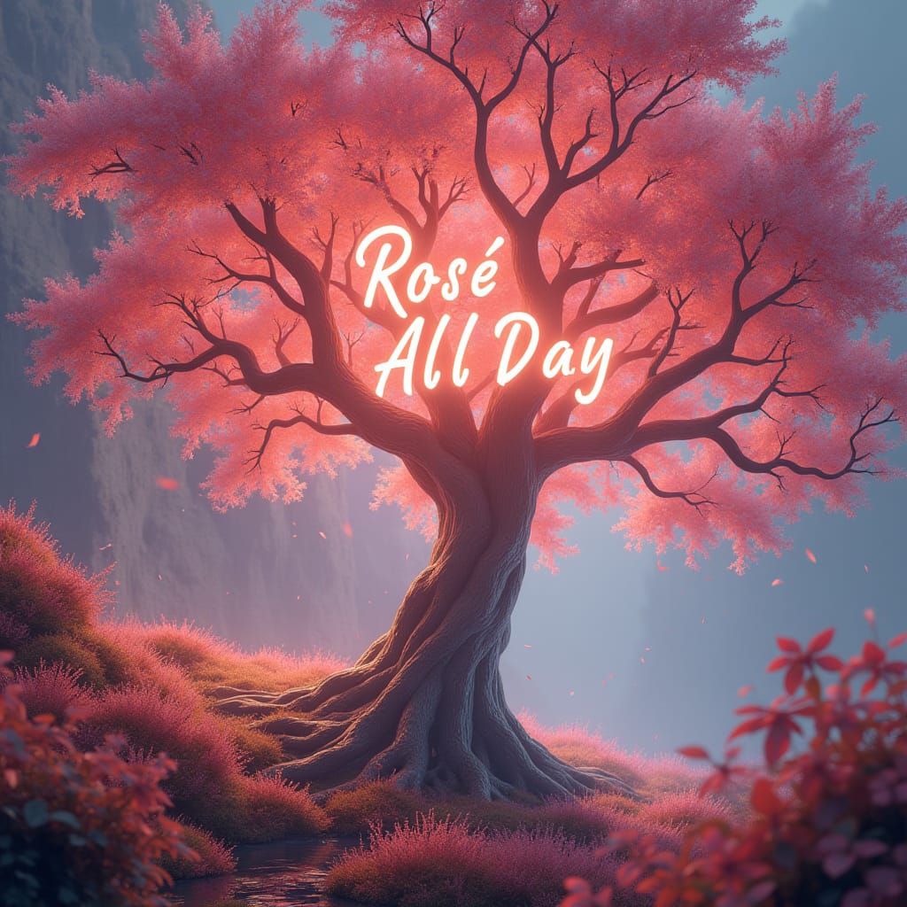 Ethereal Tree with Glowing Bark and Rosé Text