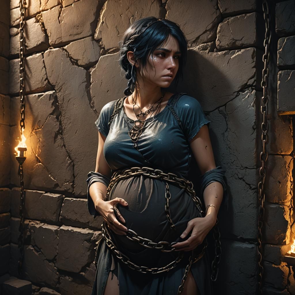 Terrified Pregnant Woman in Dungeon, Unreal Engine Art