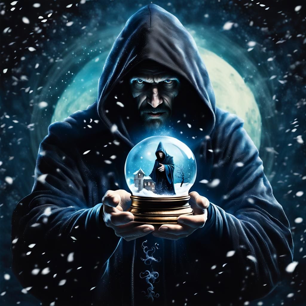 Hooded Sorcerer Holding Swirling Snow Globe