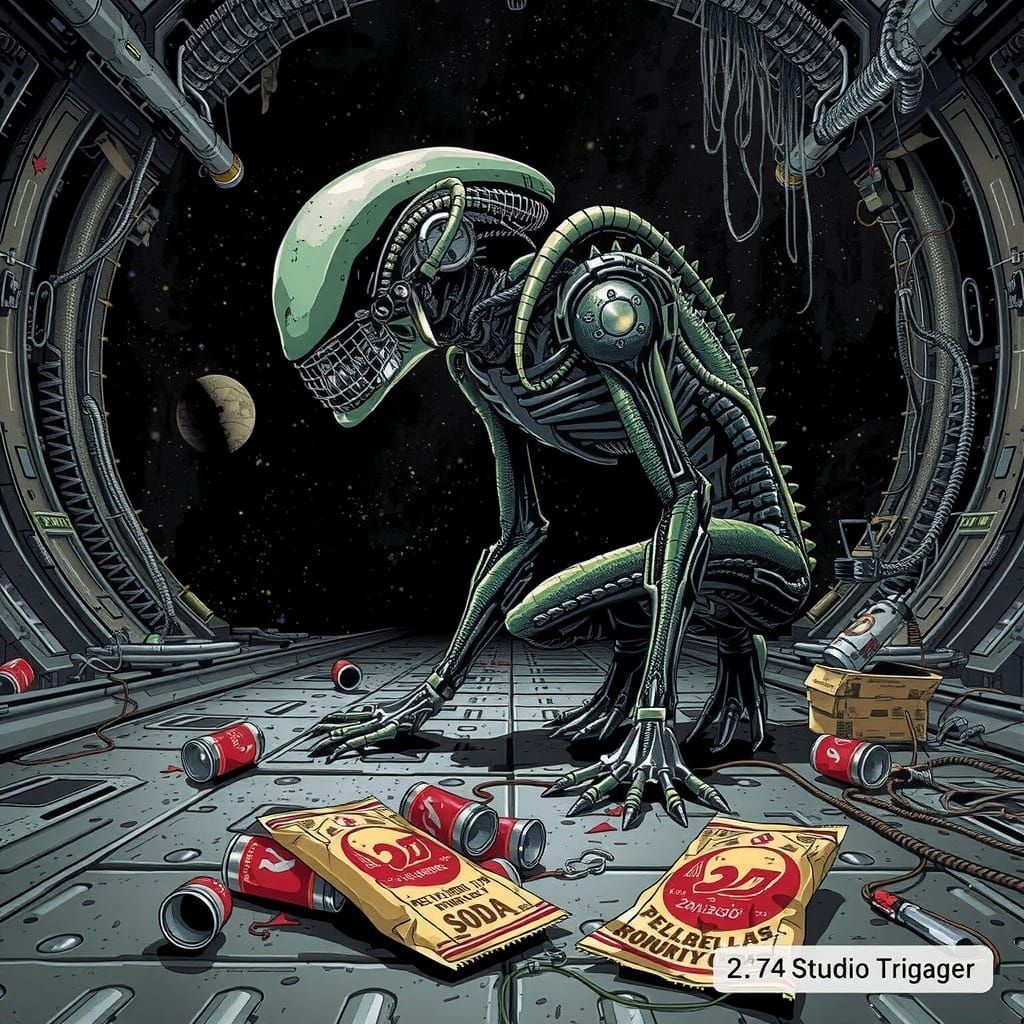 Xenomorph and Soviet Soda in Biomechanical Anime Style