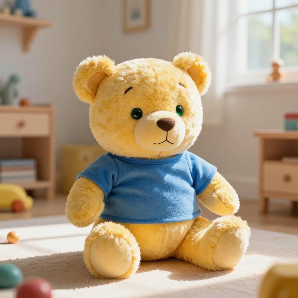 Photorealistic Teddy Bear in Sunny Children's Room