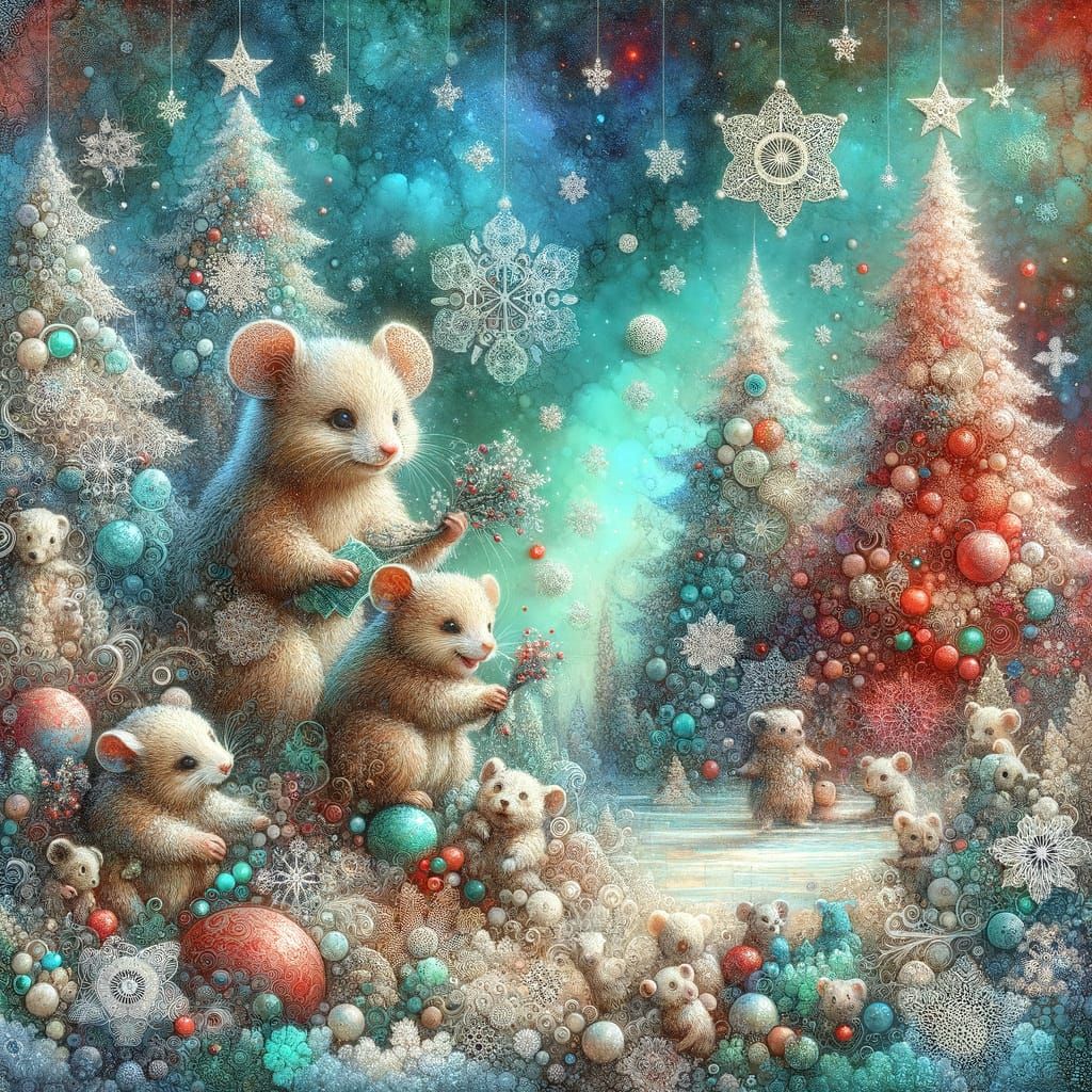 Adorable Woodland Creatures Celebrate Christmas on Snowy Mou...