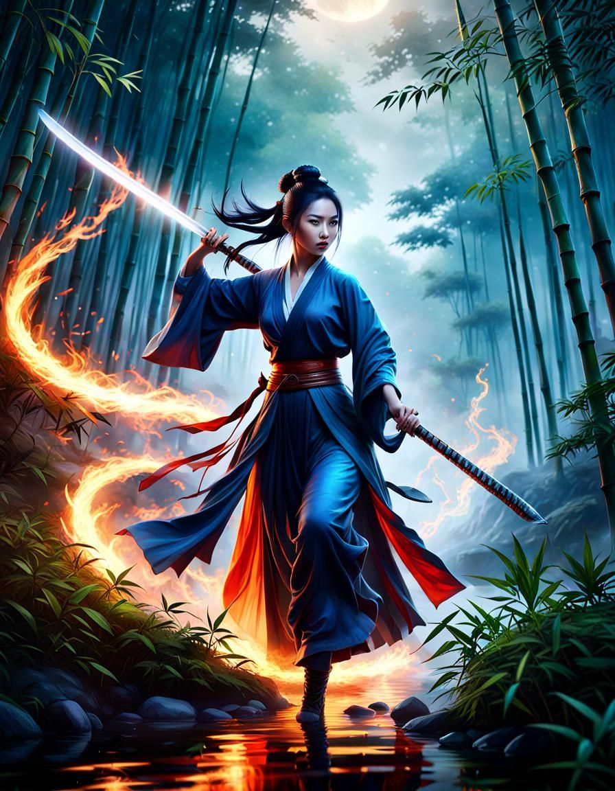 Asian Woman Katana Training with Fire Dragon Energy