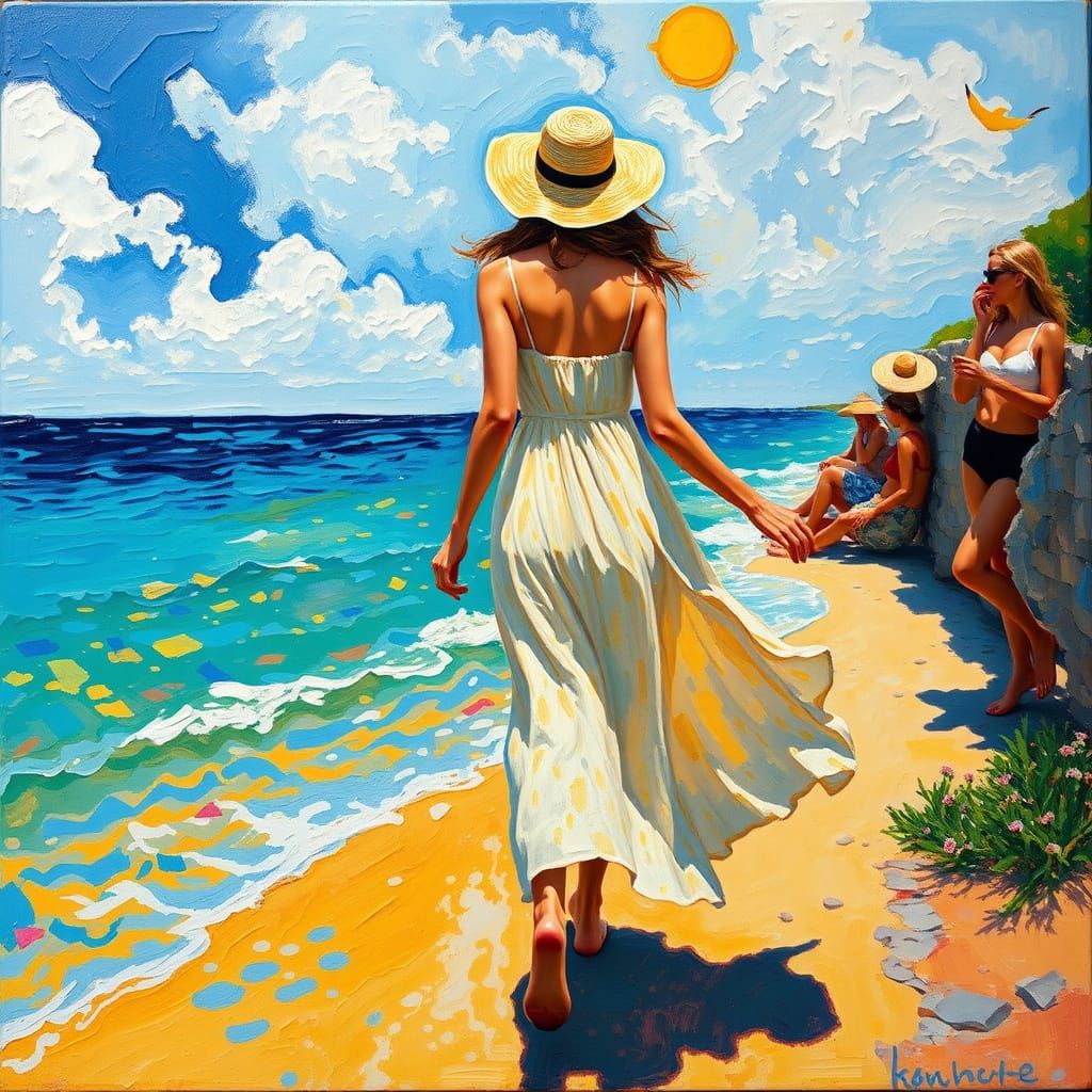 Woman on Vibrant Beach in Impasto Neo-Impressionist Style