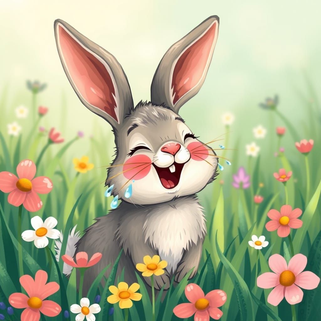 Joyful Bunny Laughing in Lush Meadow: Whimsical Art