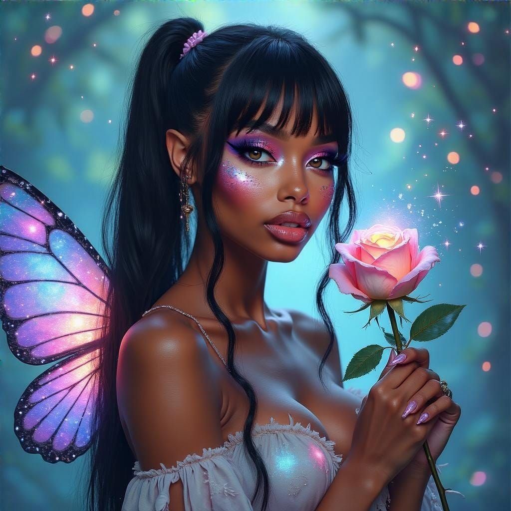 Gorgeous Woman in Galaxy Fantasy with Fringe Wings and Rose