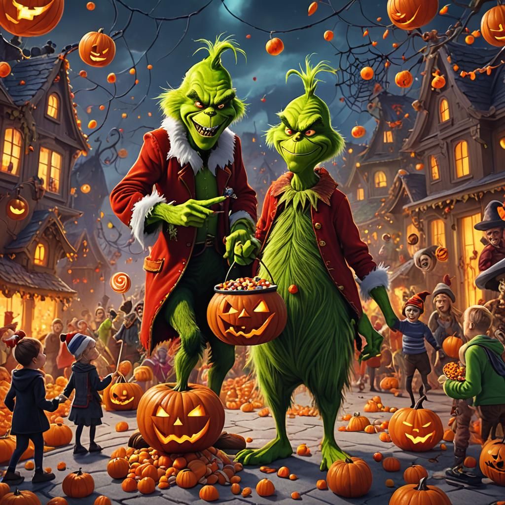 Grinch Stealing Halloween Candy: Eerie Matte Painting