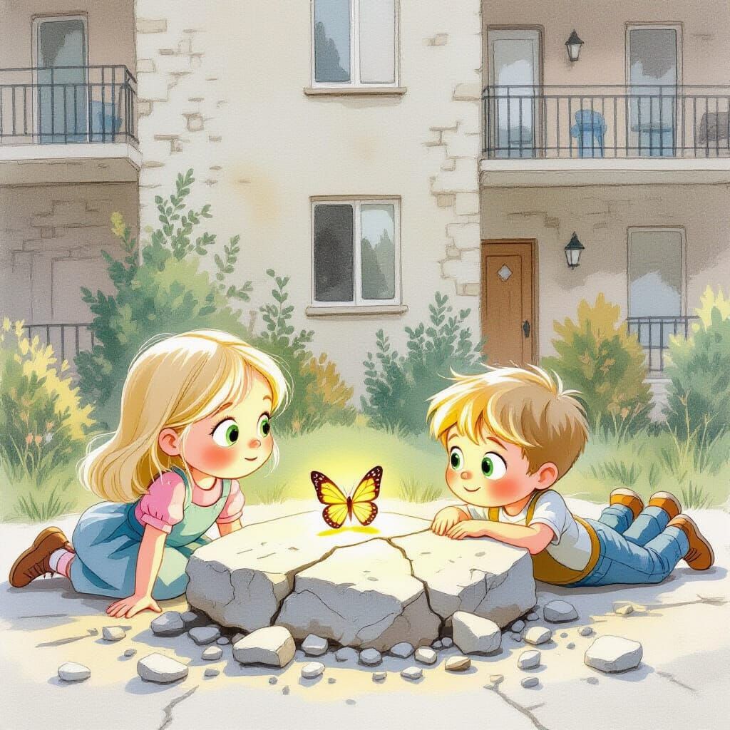 Children Discover Glowing Butterfly as Watercolor Illustrati...