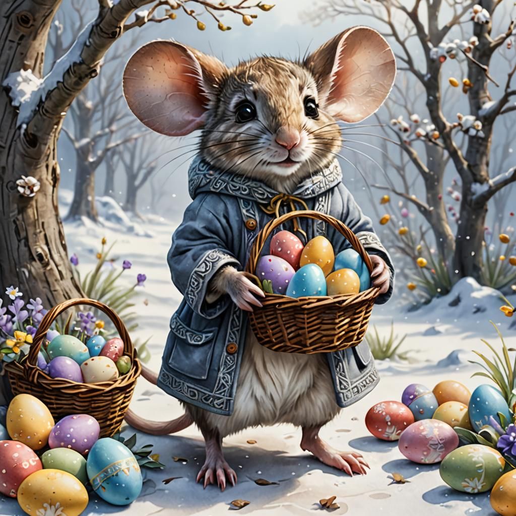 Egg hunt fun,cute mouse collecting Easter eggs.