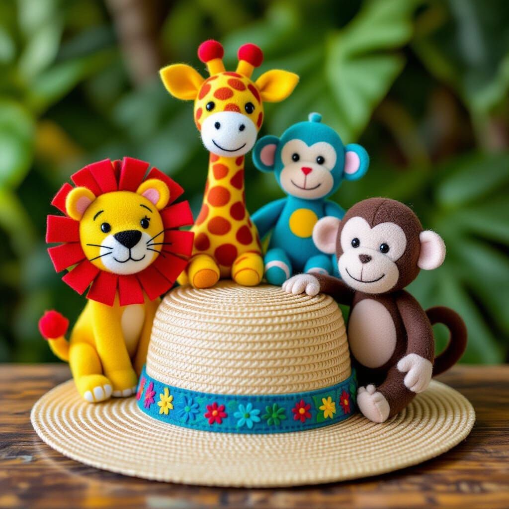 Colorful Felt Zoo Animals on Tropical Hat