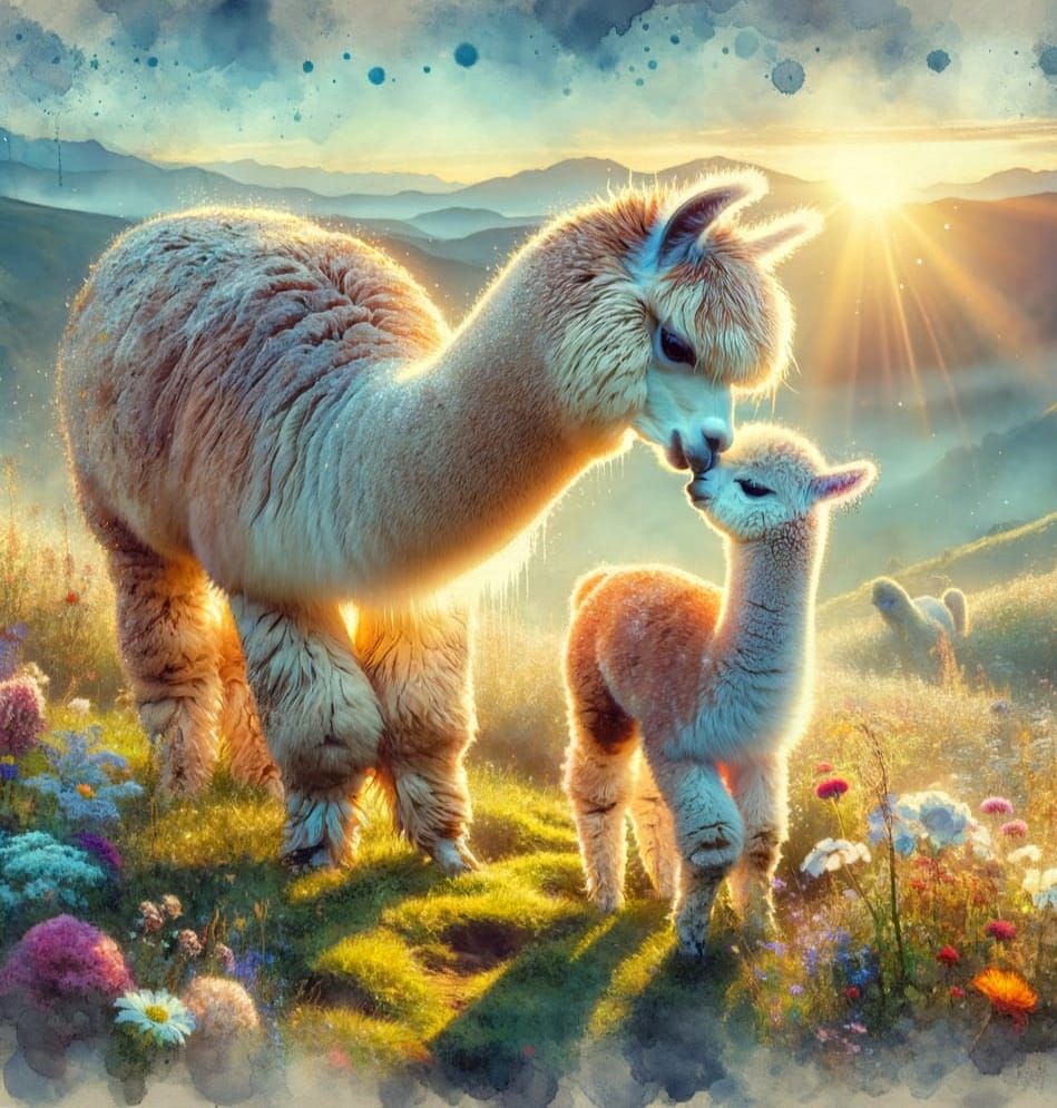 Mother Alpaca and Baby in Whimsical Watercolour Landscape