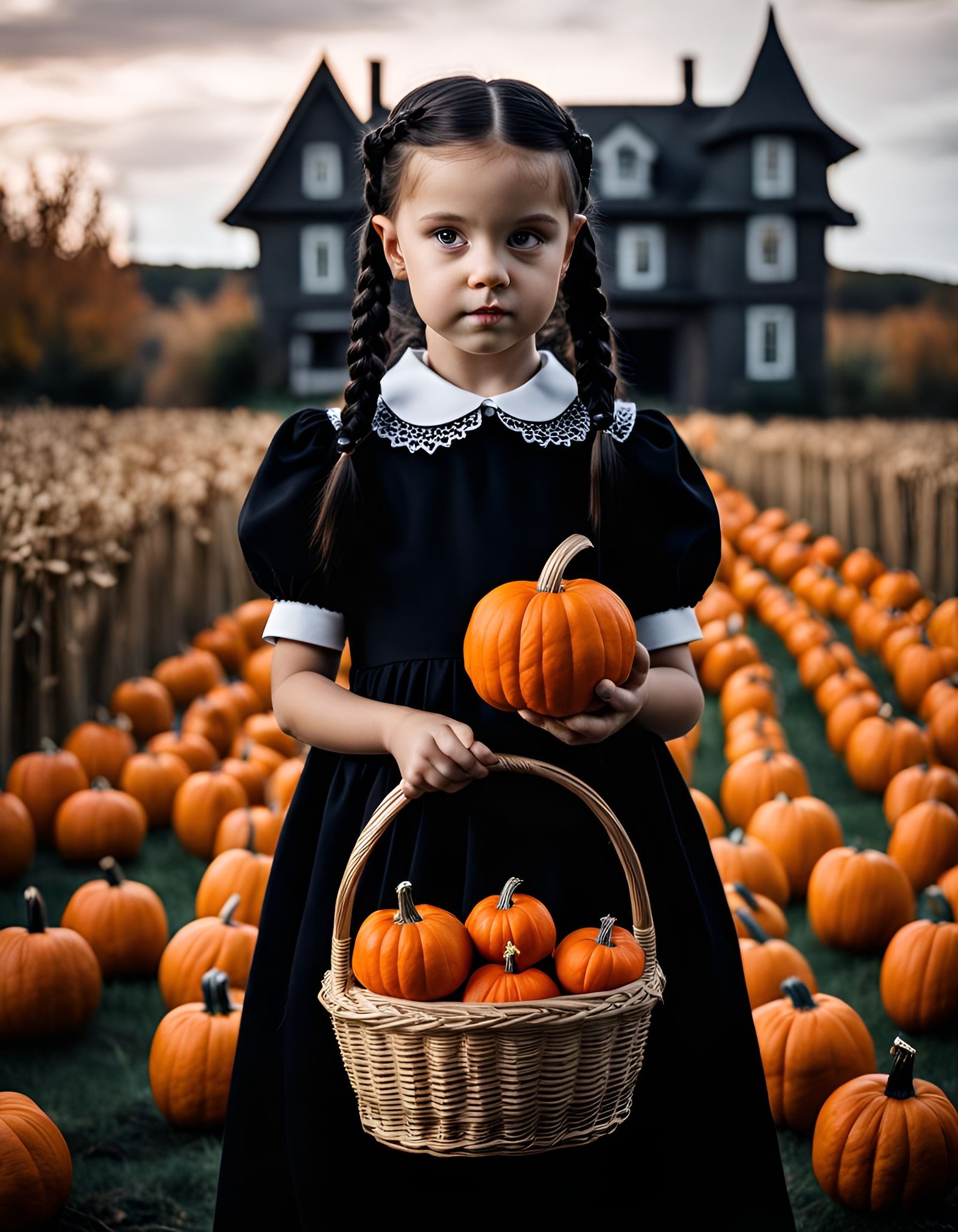 Girl in Wednesday Addams Costume with Pumpkins