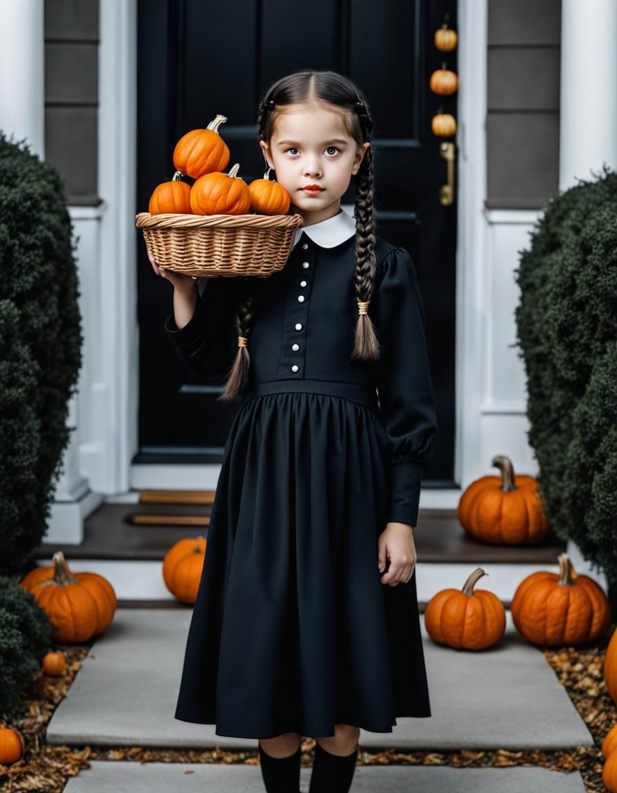 Girl in Wednesday Addams Dress with Pumpkins