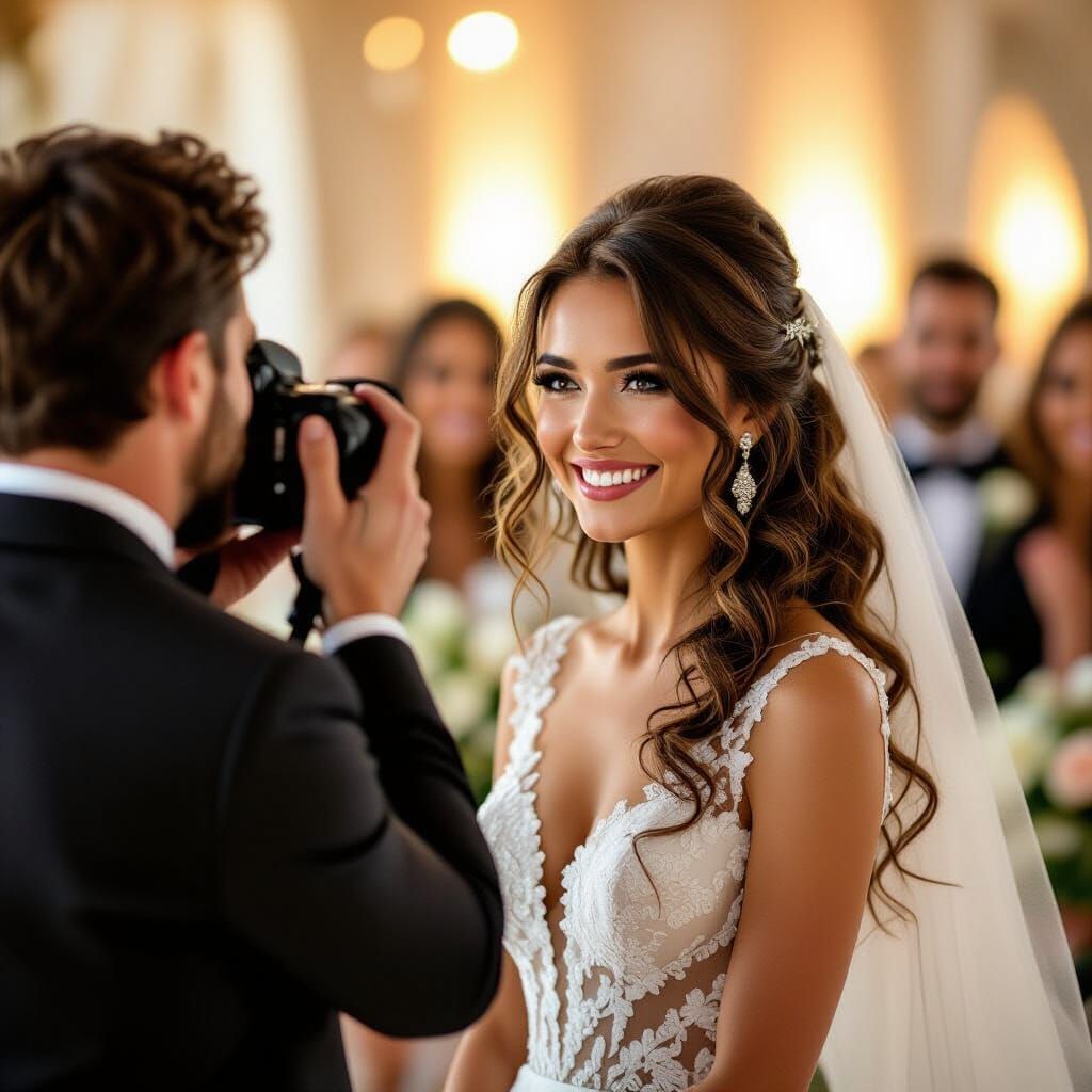 Bride in Modest Dress with Curly Hair at Golden Hour Wedding