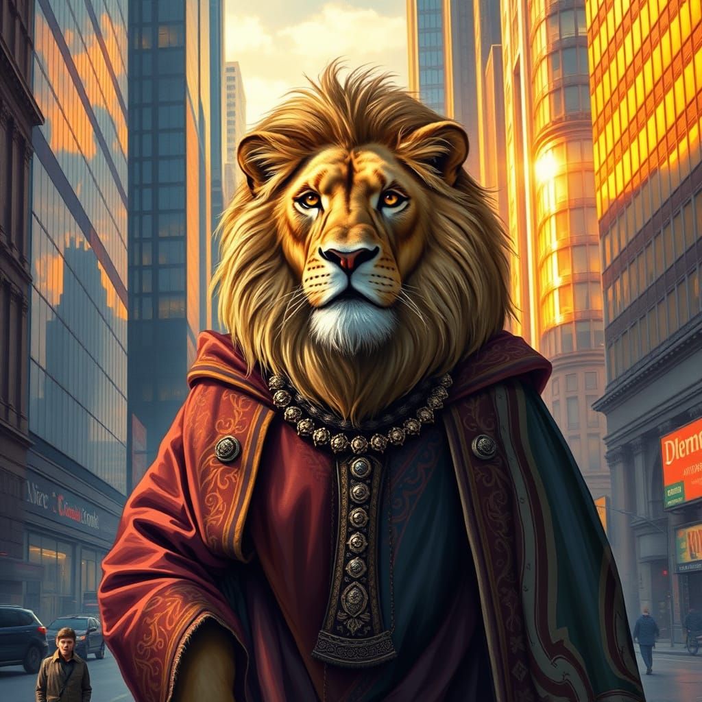 Lion in Ornate Robe Striding Through City