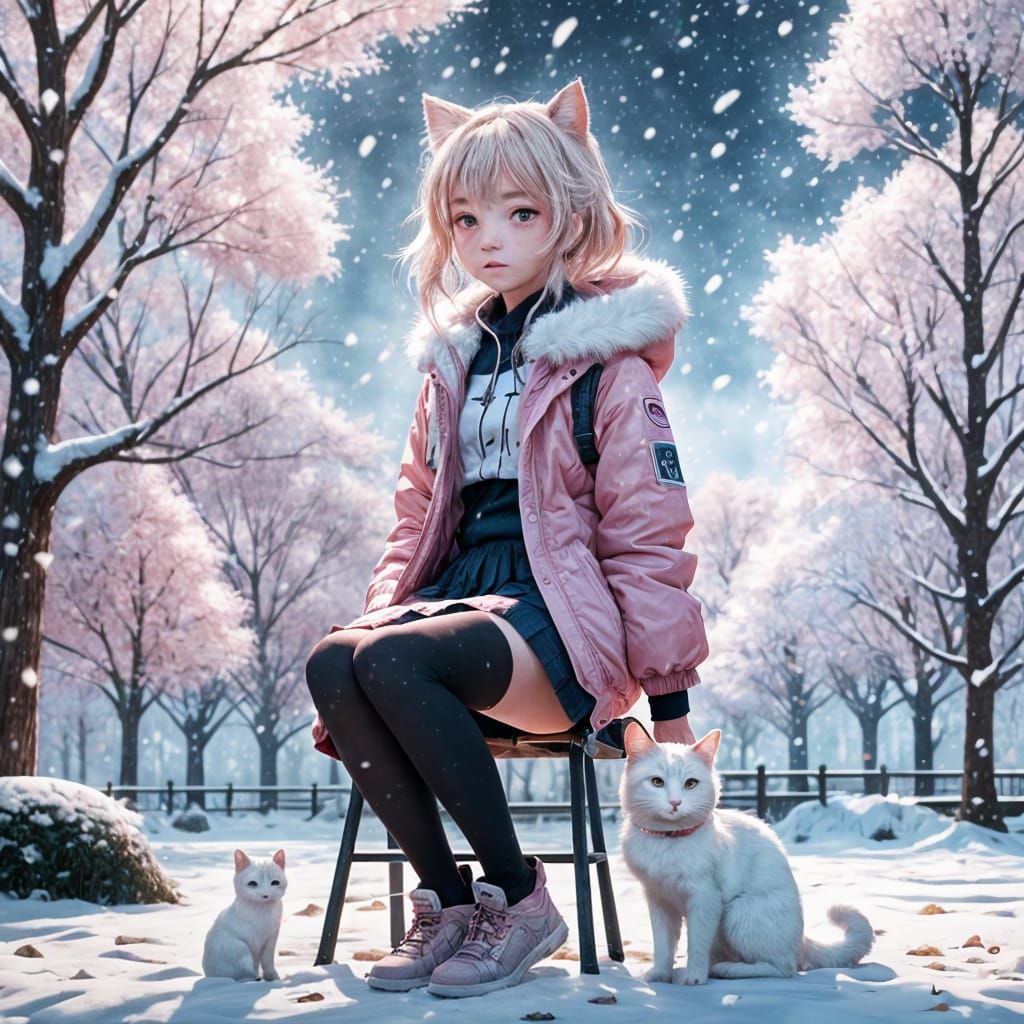 Girl with Cat in Snowy Park, 3D Anime Art