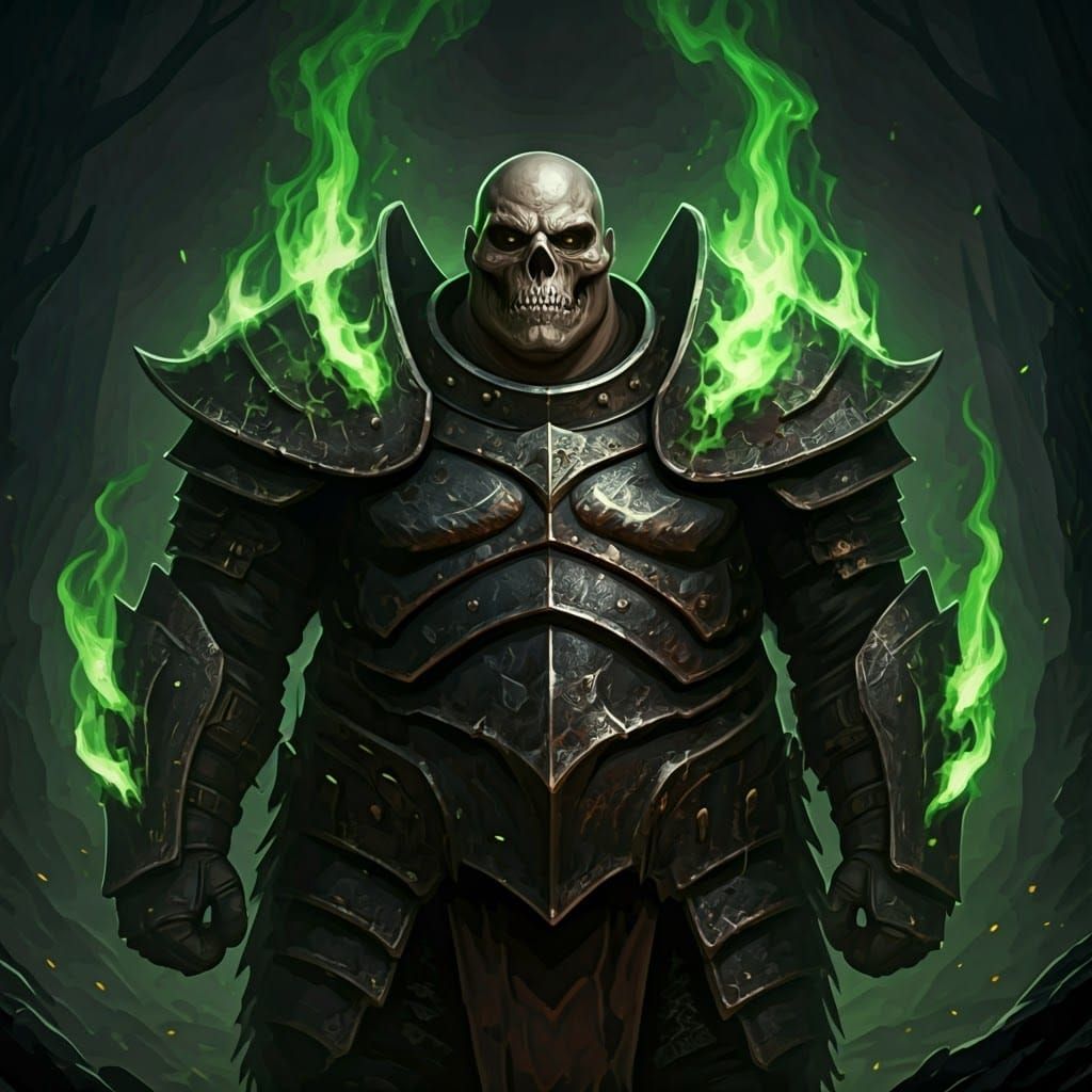 Skull-Faced Armored Figure in Burning Landscape