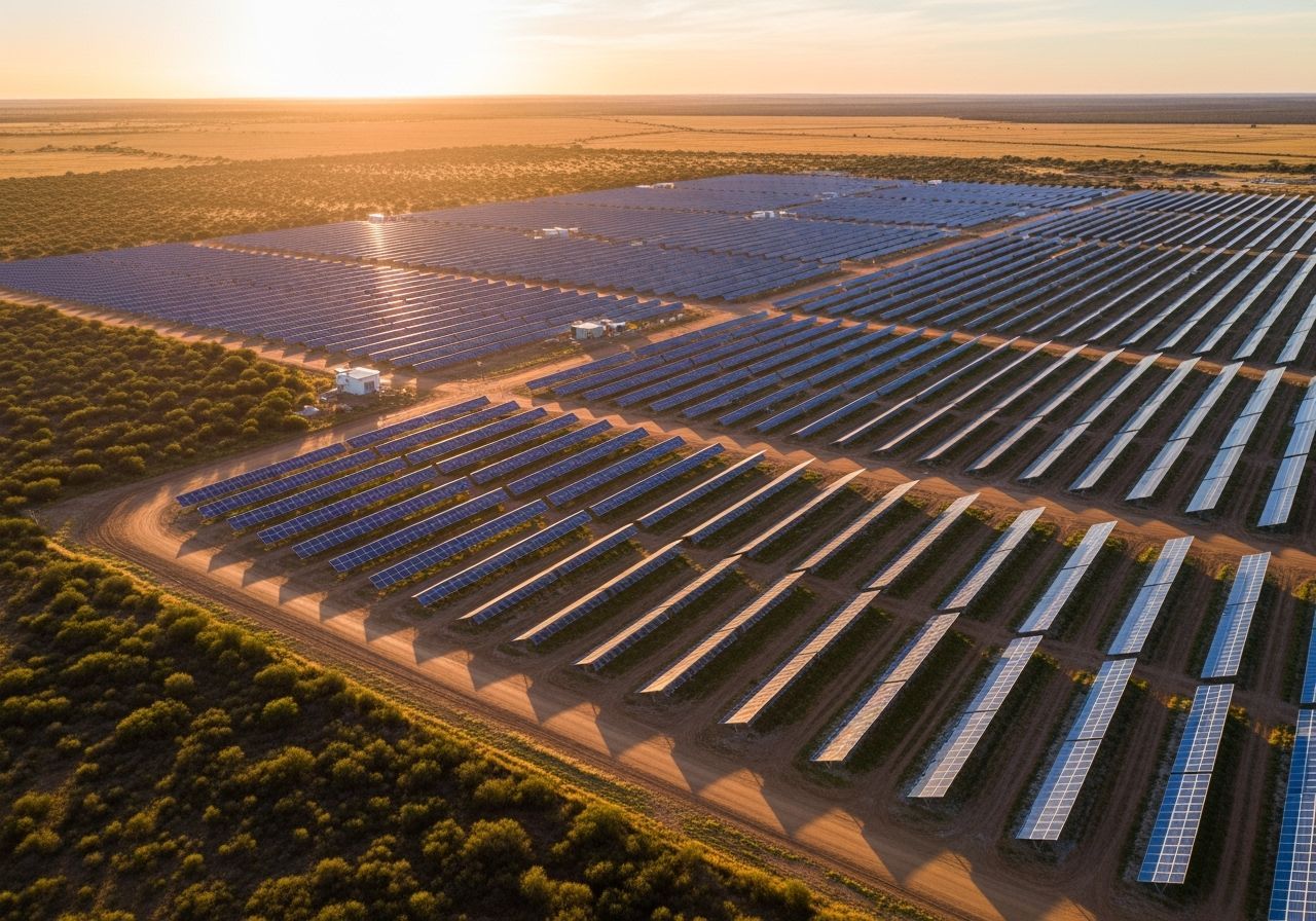Golden Hour Aerial View of Solar Farm in South Africa