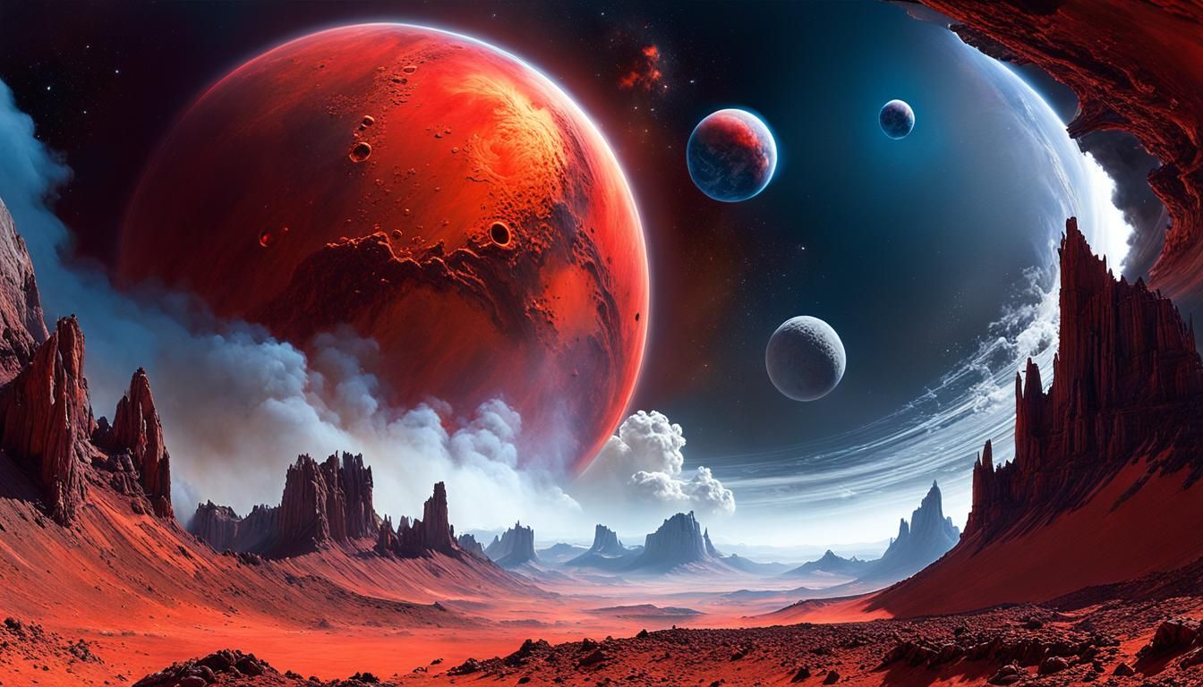 Red Planet Emerges from Nebula, Hyperrealistic Oil Painting