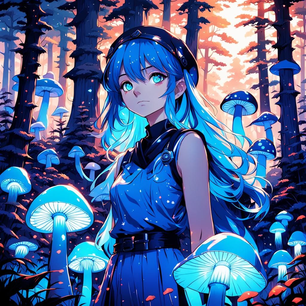 Glowing Mushroom Girls in Forest: Anime Manga Style
