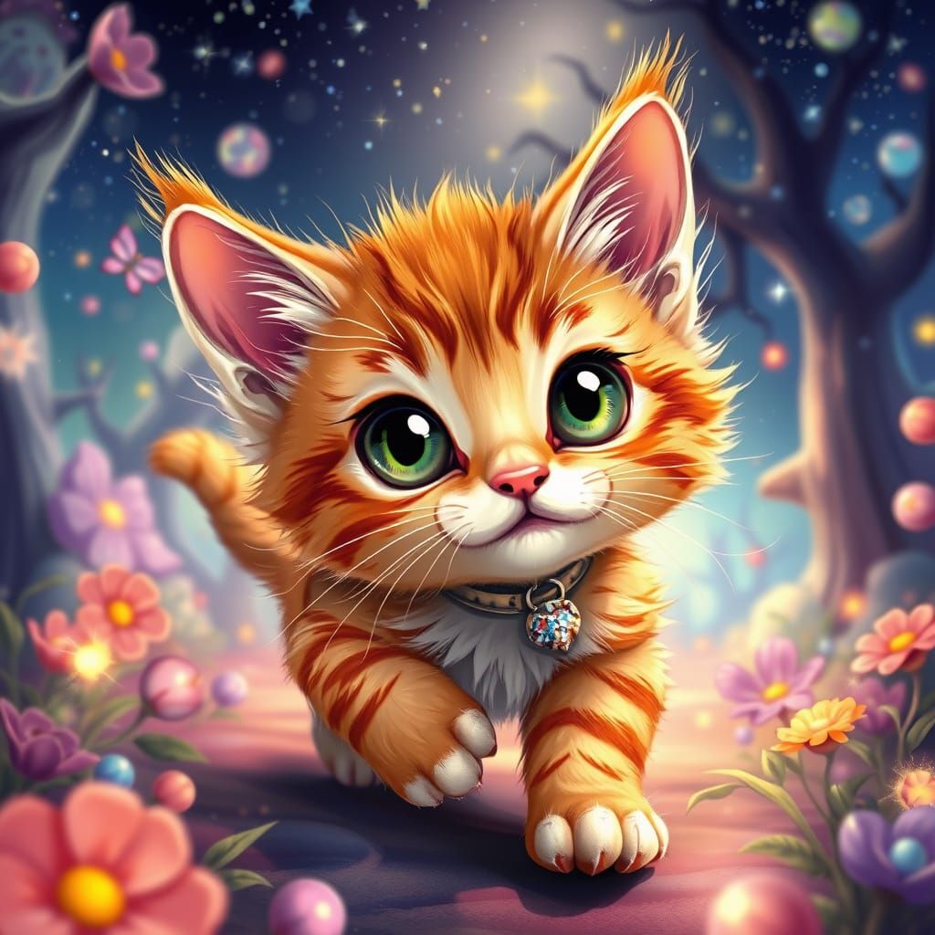 A charming kitten with audaciously detailed, whimsical featu...