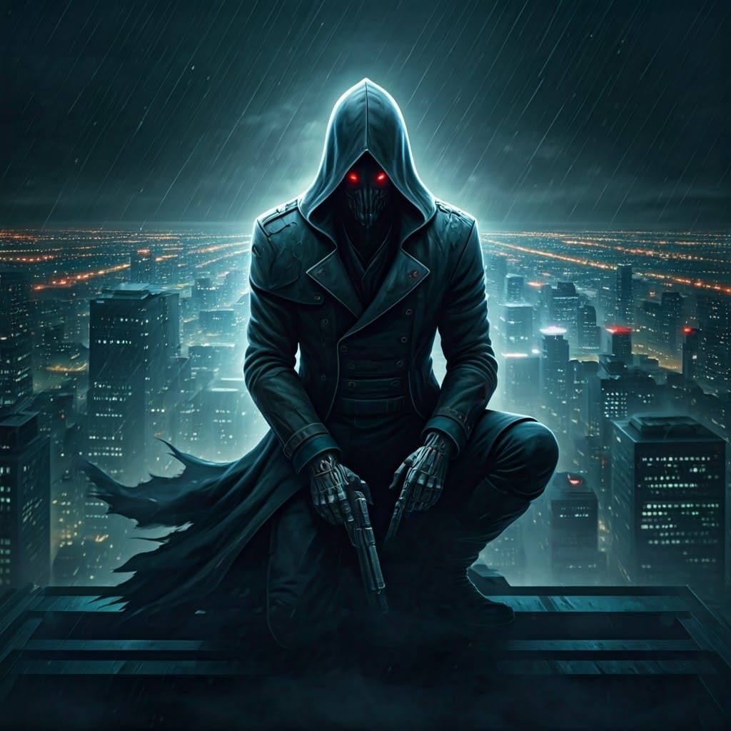 Cyborg Assassin on Skyscraper in Cinematic Style