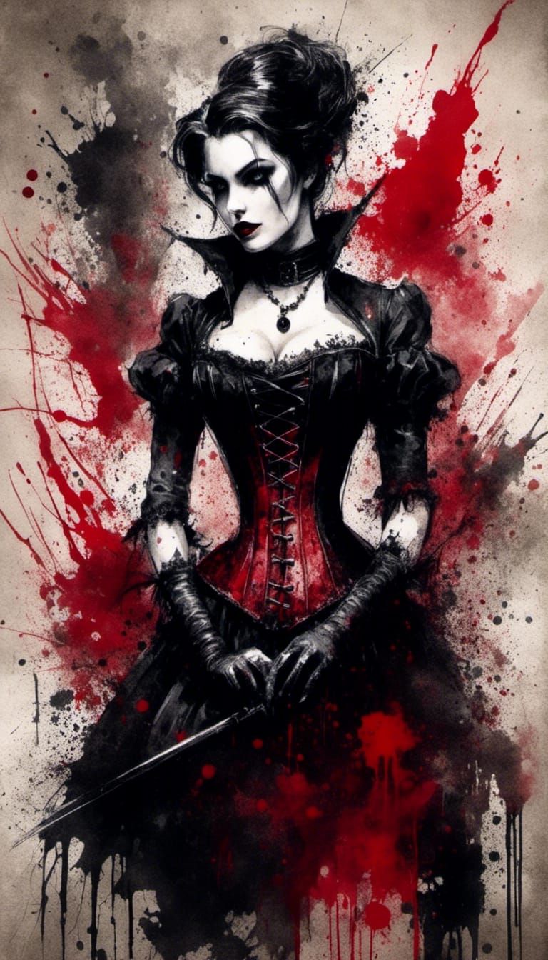 Goth Vampire Mistress in Watercolor Ink Splatter Art