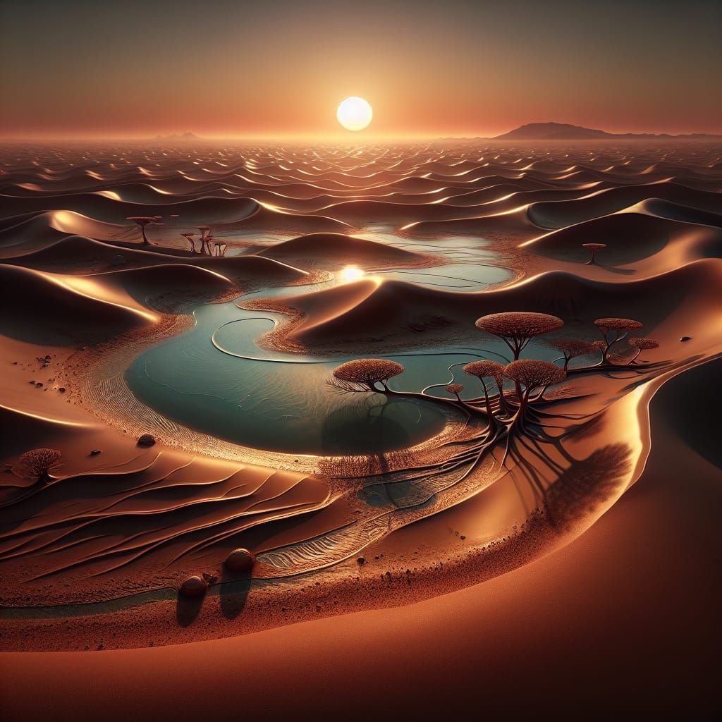 Martian Desert Landscape with Oasis and Pyramid