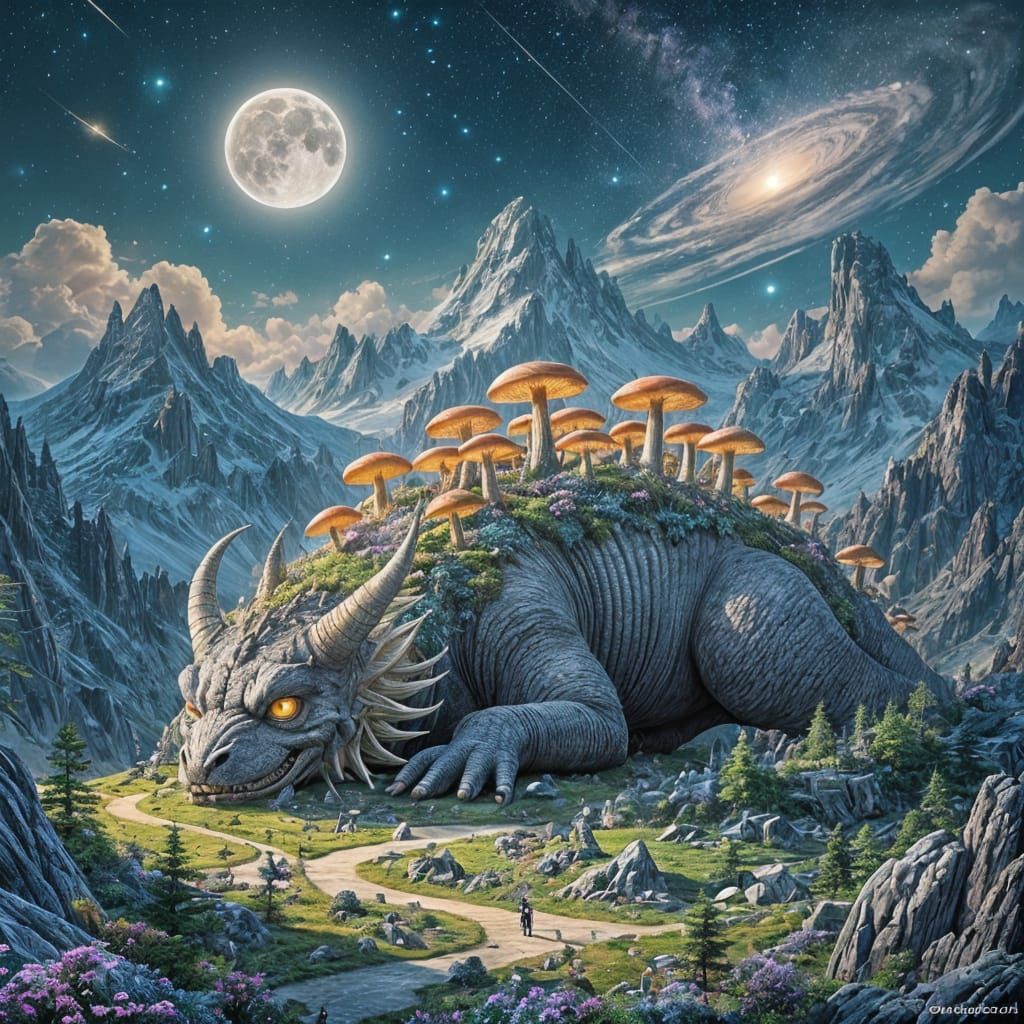 Colossal Stone Dragon Slumbers in Mountain Ecosystem