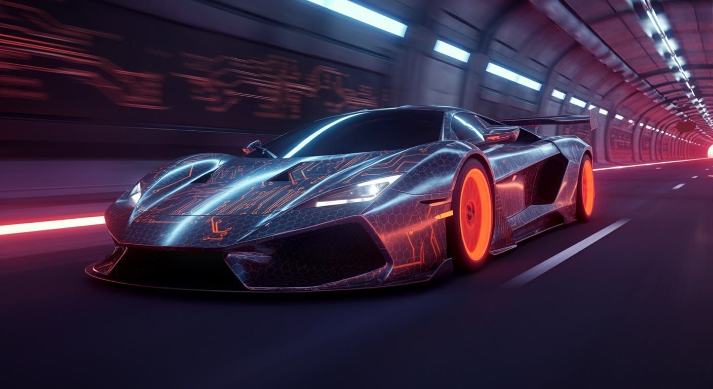 Cyberpunk Supercar Speeds Through Neon City