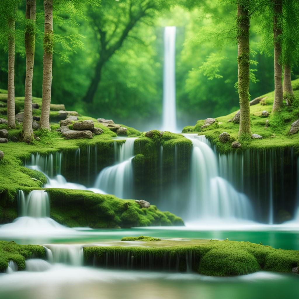 Vibrant Forest Waterfall Inside a Clear Ring