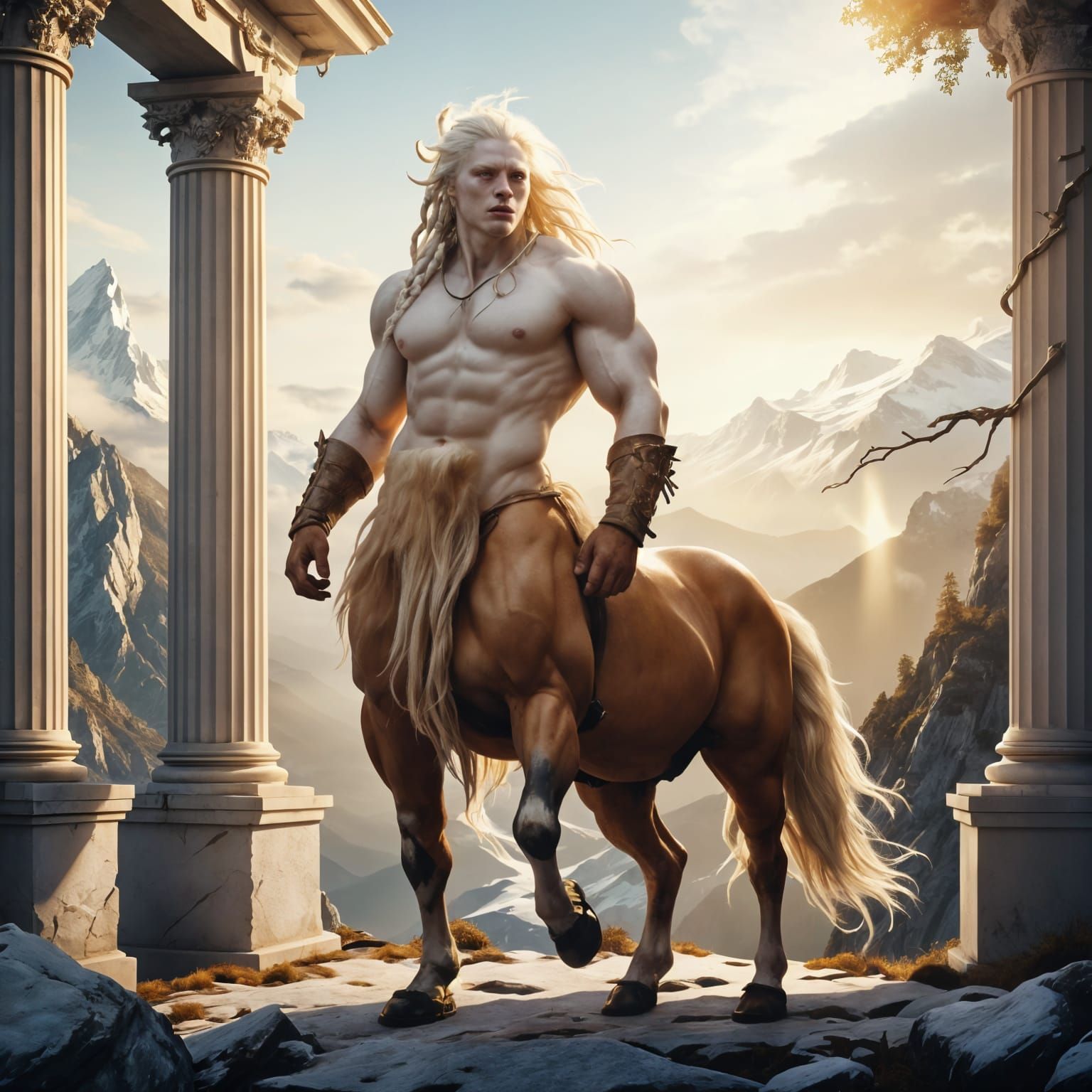 Majestic Albino Centaur Stands Amidst Golden Hour Glow