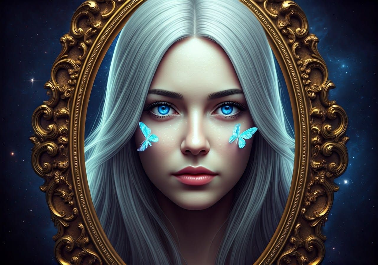 Regal Woman in Golden Baroque Frame with Celestial Holograph...