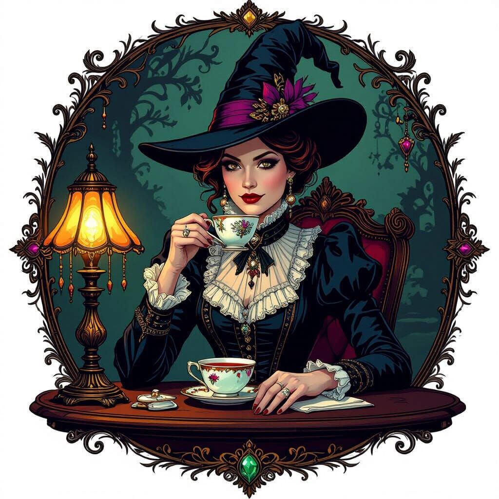 Victorian Witch Sipping Tea in a Mystical Setting