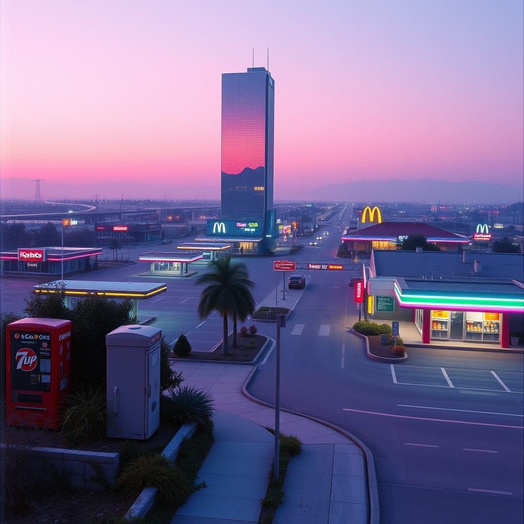 Ethereal Retro-Futuristic Townscape Under a Pastel Sky
