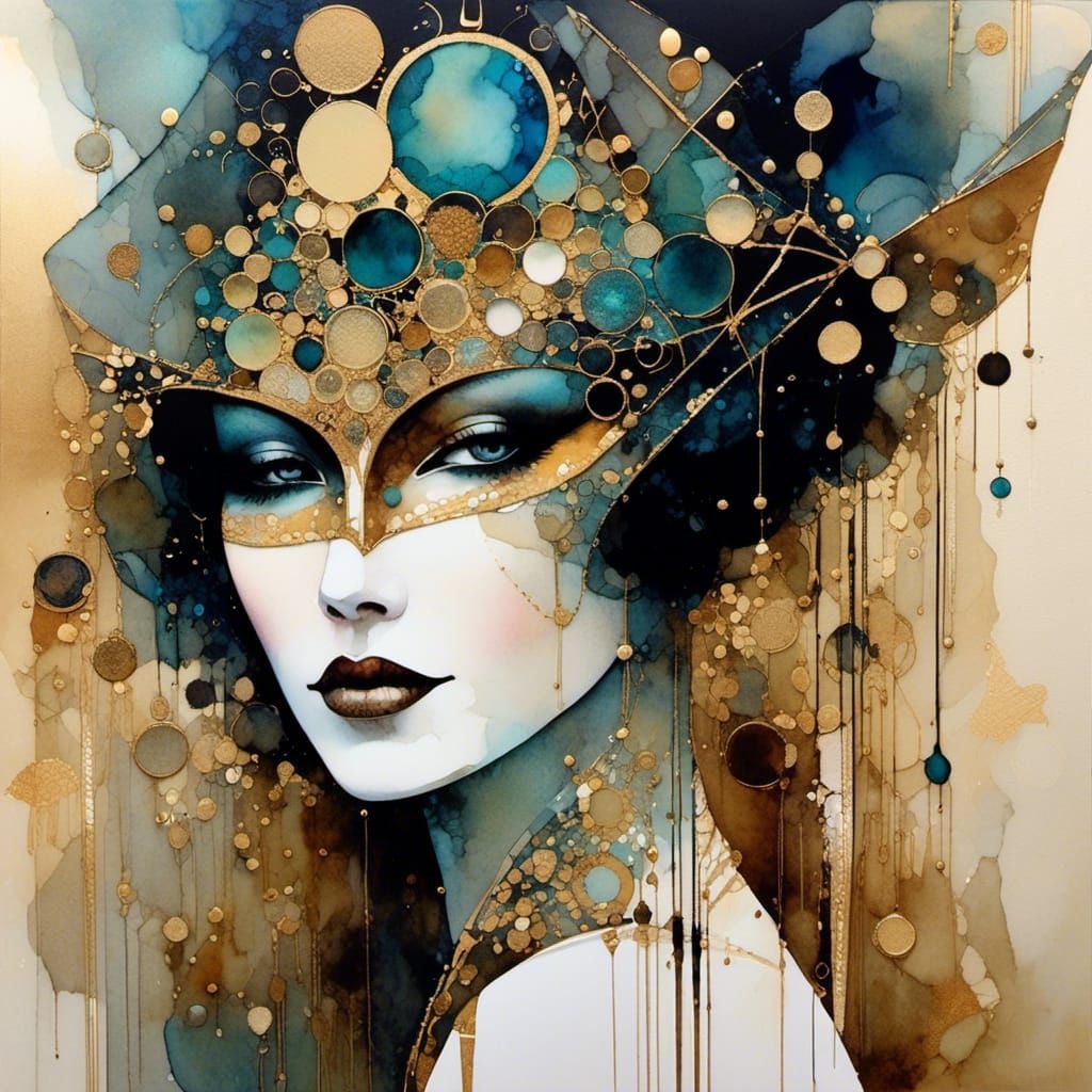 Masked Lady in Surreal Cel-Shaded Alcohol Ink Style