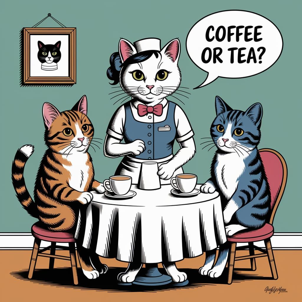 Anthropomorphic White Cat Waitress Taking Orders