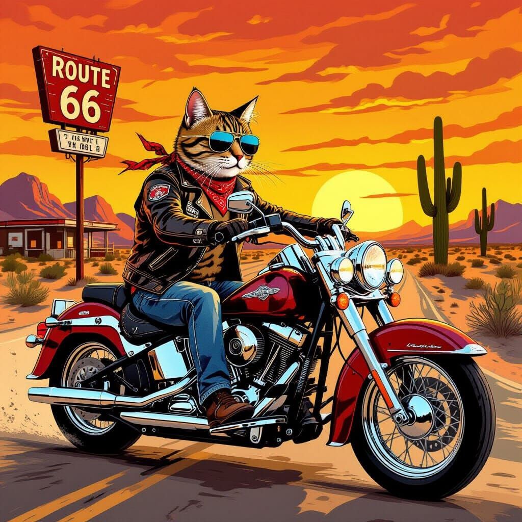 Gen X Cat Rides Motorcycle on Route 66