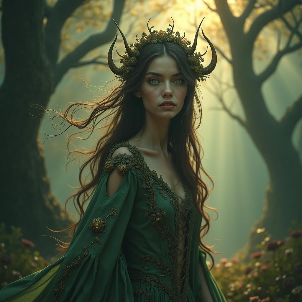Melancholic Emerald-Eyed Maiden in Mystical Forest