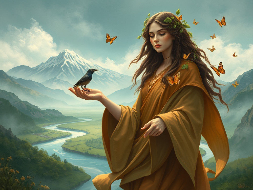 Mother Earth in Lush Landscape, Mystical Art