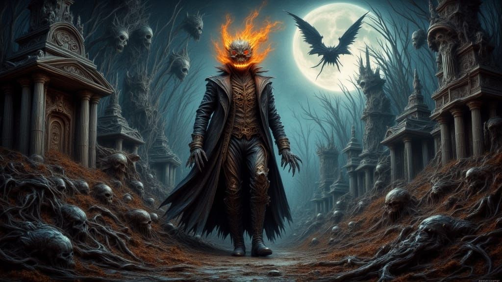 Wicked Jack-o'-Lantern Figure in Moonlit Cemetery