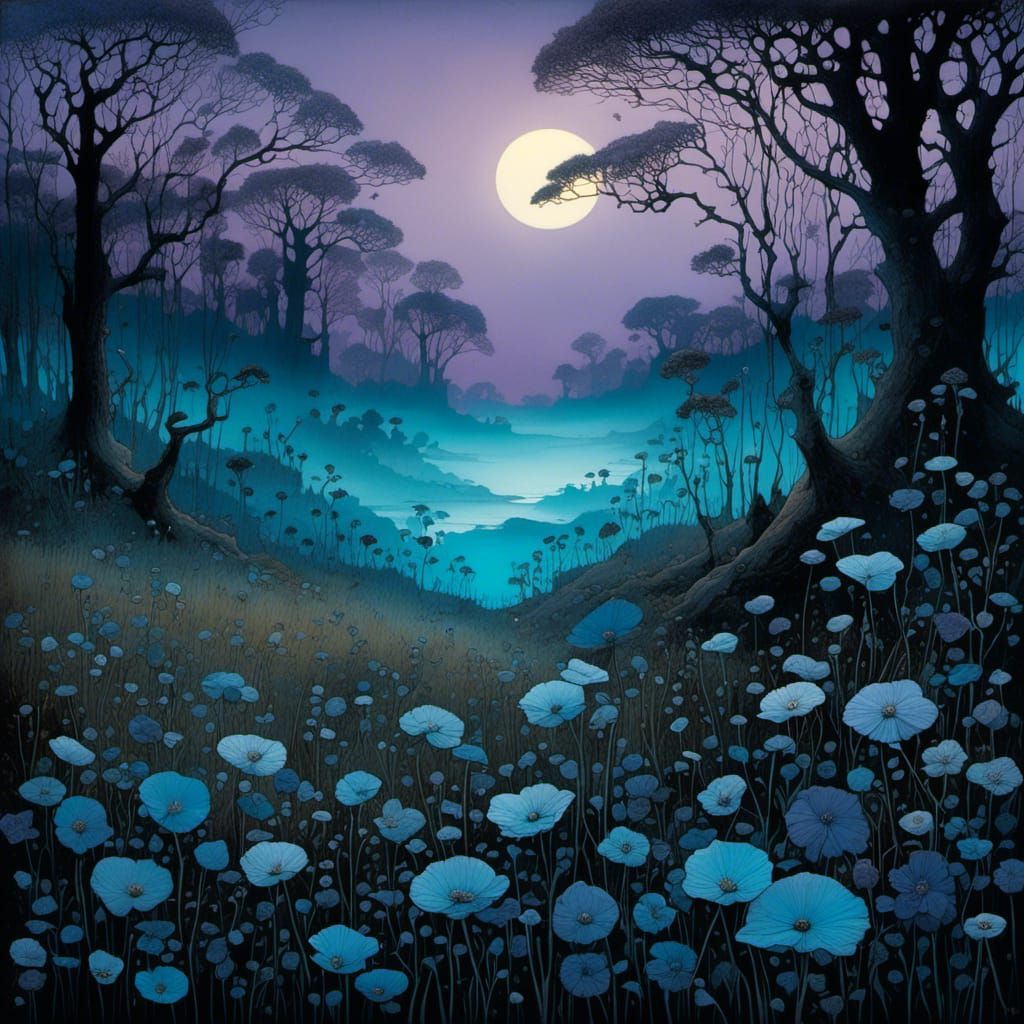 Blue Translucent Flowers in Purple Light, Comic Book Style