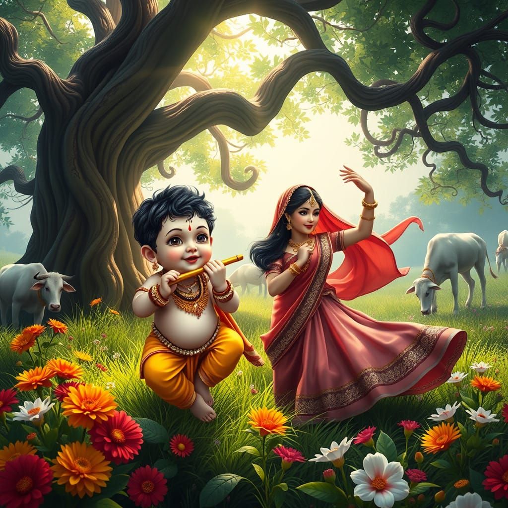 Chubby Shree Krishna Plays Flute, Radha Dances Under Majesti...