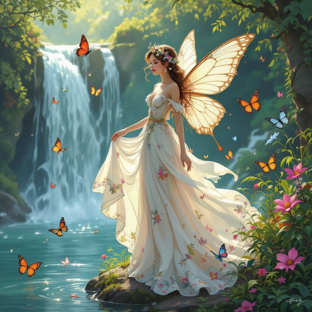Enchanting Fairy with Butterflies by Waterfall