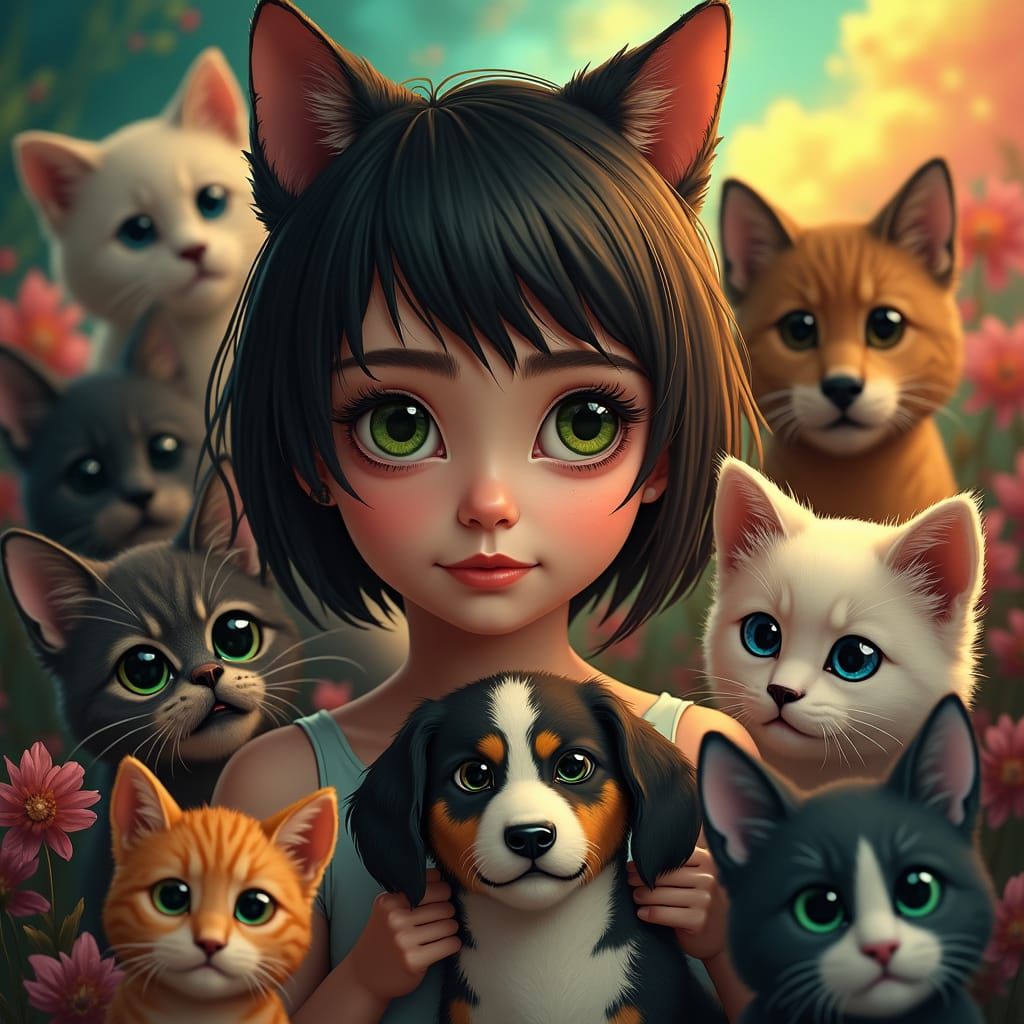 Woman Surrounded by Cats and Dogs in Hyperrealism
