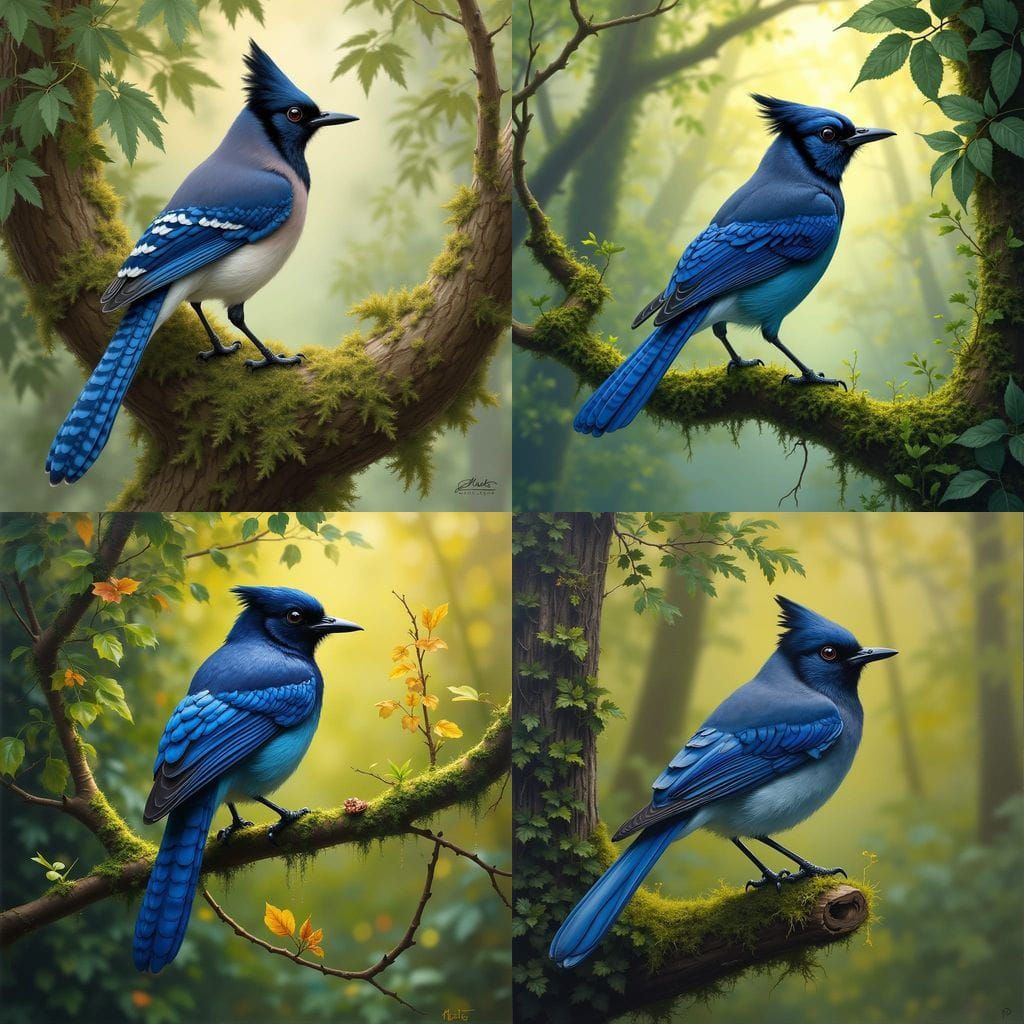 Stellar Jay in Flight as Oil Painting