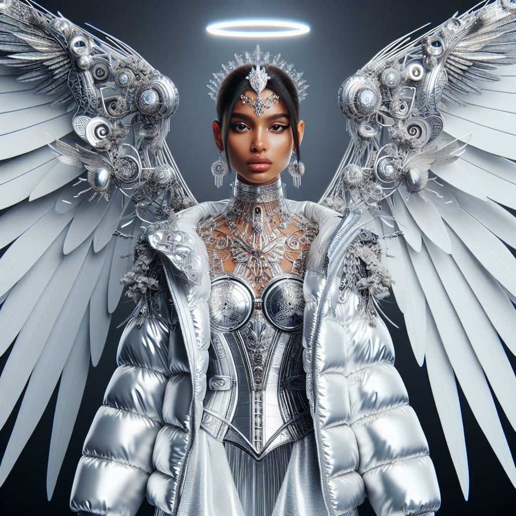 Hyperrealistic Angel in Futuristic Jewelry and Down Jacket
