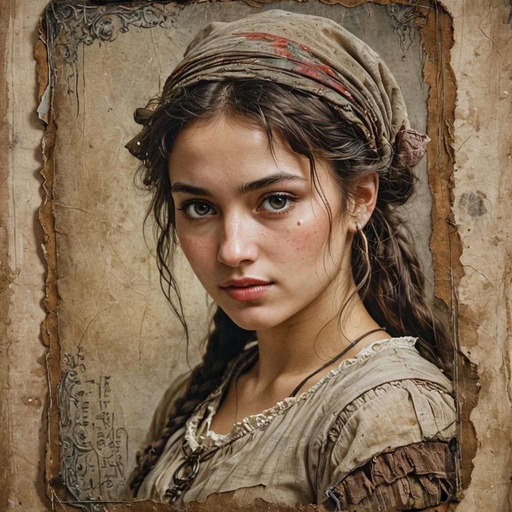 Whimsical 13th Century Peasant Woman in Oil and Ink