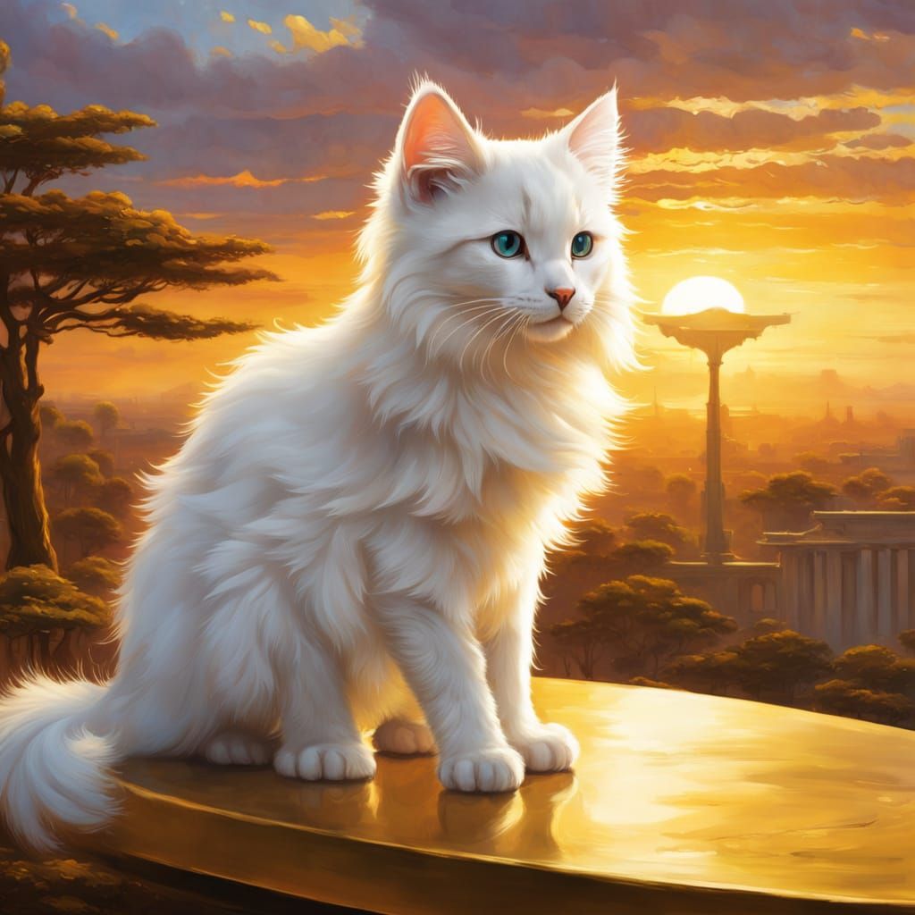 Anime Kitten at Golden Sunset, Waterhouse Style