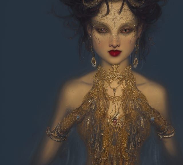 Beauty with Gold Jewelry in Horror Art Style